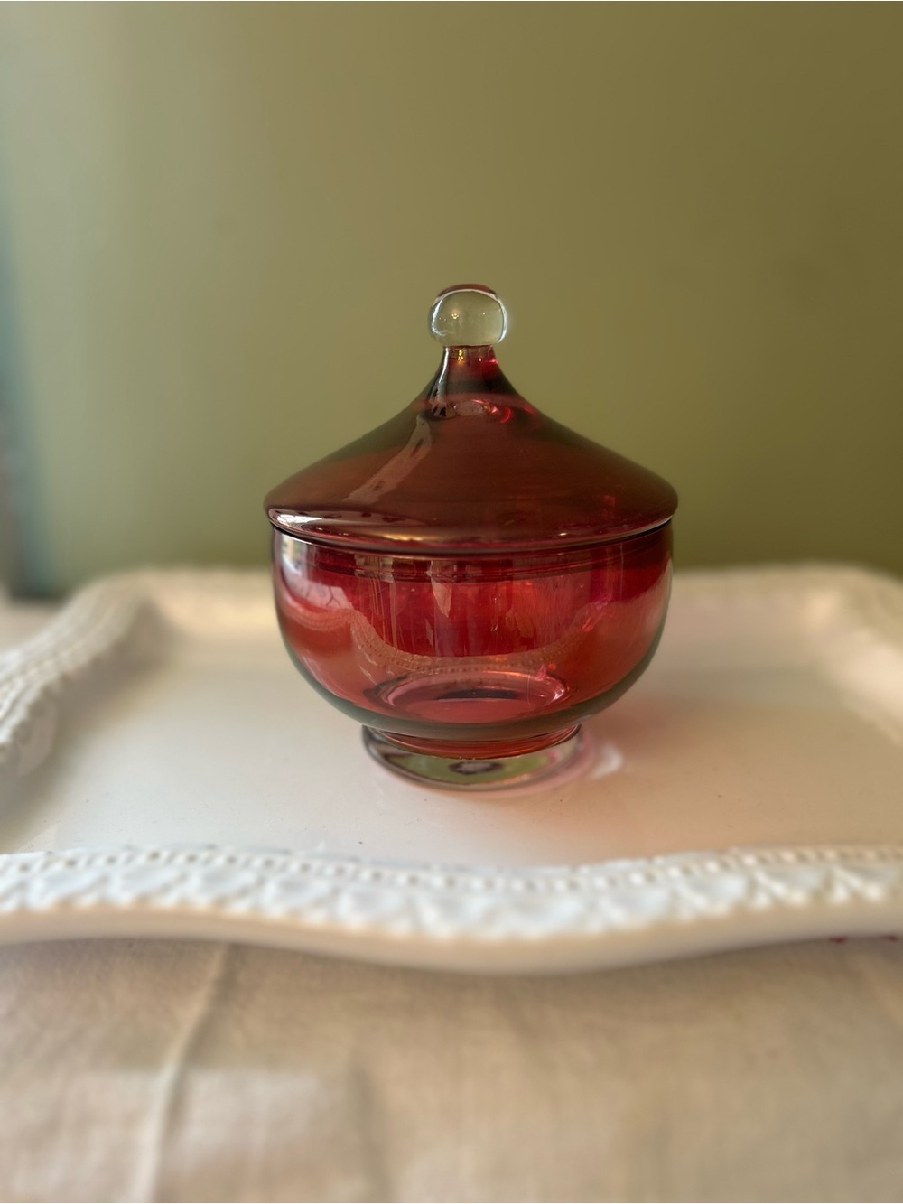 Vintage Empoli Style Cranberry Glass Candy Dish or Trinket Bowl